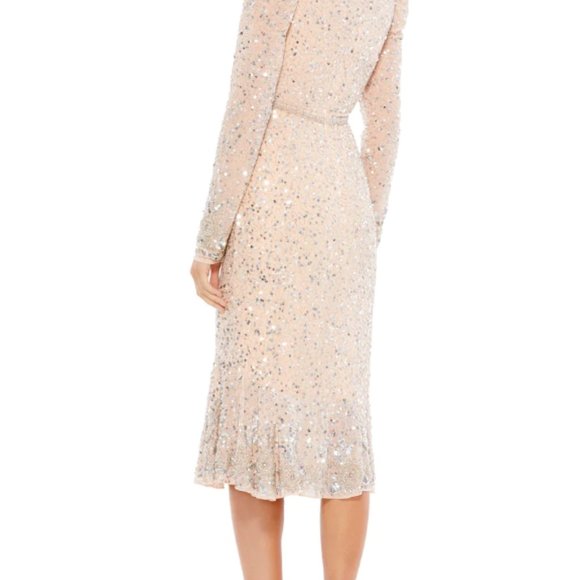 MAC DUGGAL 10740 SEQUIN EMBELLISHED HEMLIN BELT NUDE/SILVER MIDI DRESS sz 8 - Picture 6 of 6